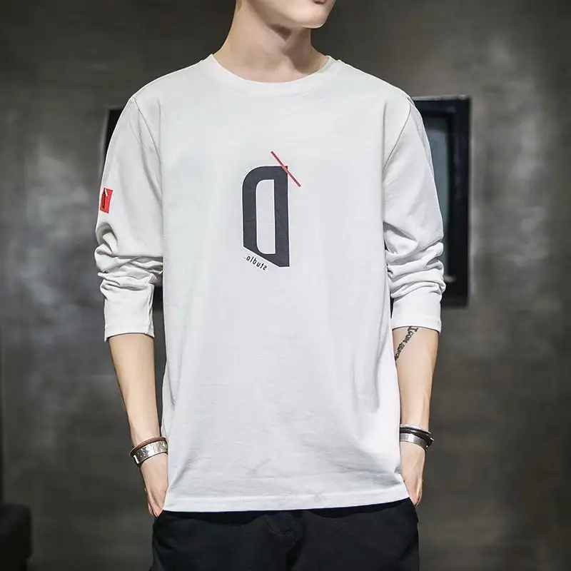 Men's White Long Sleeve T-Shirt Plain Round Neck