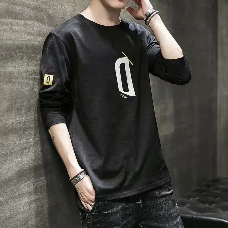 Men's White Long Sleeve T-Shirt Plain Round Neck