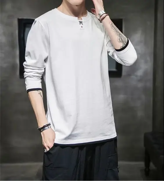 Men's White Long Sleeve T-Shirt Plain Round Neck