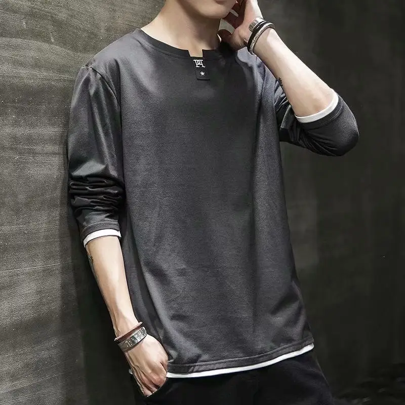 Men's White Long Sleeve T-Shirt Plain Round Neck
