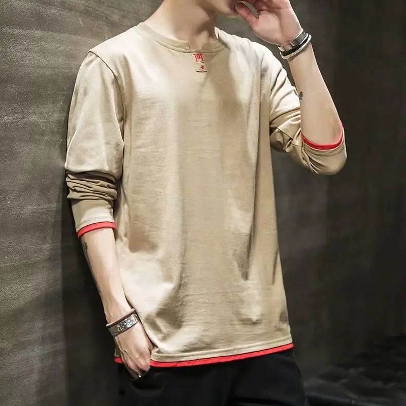 Men's White Long Sleeve T-Shirt Plain Round Neck