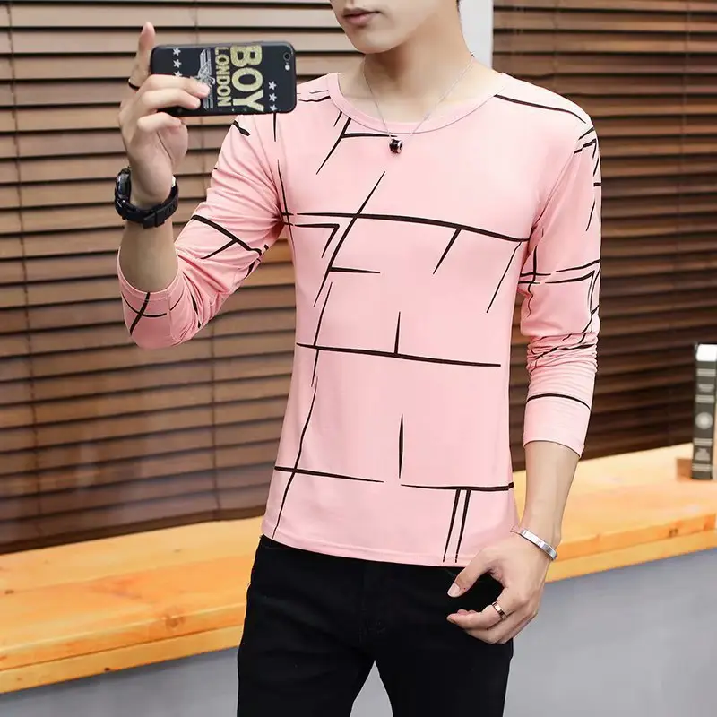 Men Korean Long Sleeve Crewneck T-Shirt White Black Print - Image 6