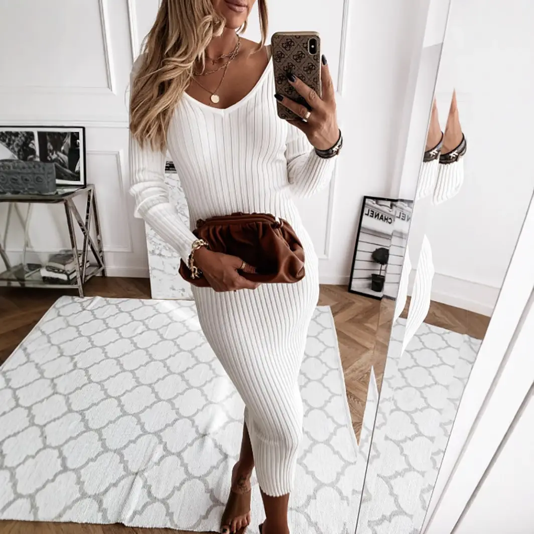 Black Ribbed V-Neck Long Sleeve Dress - Image 6