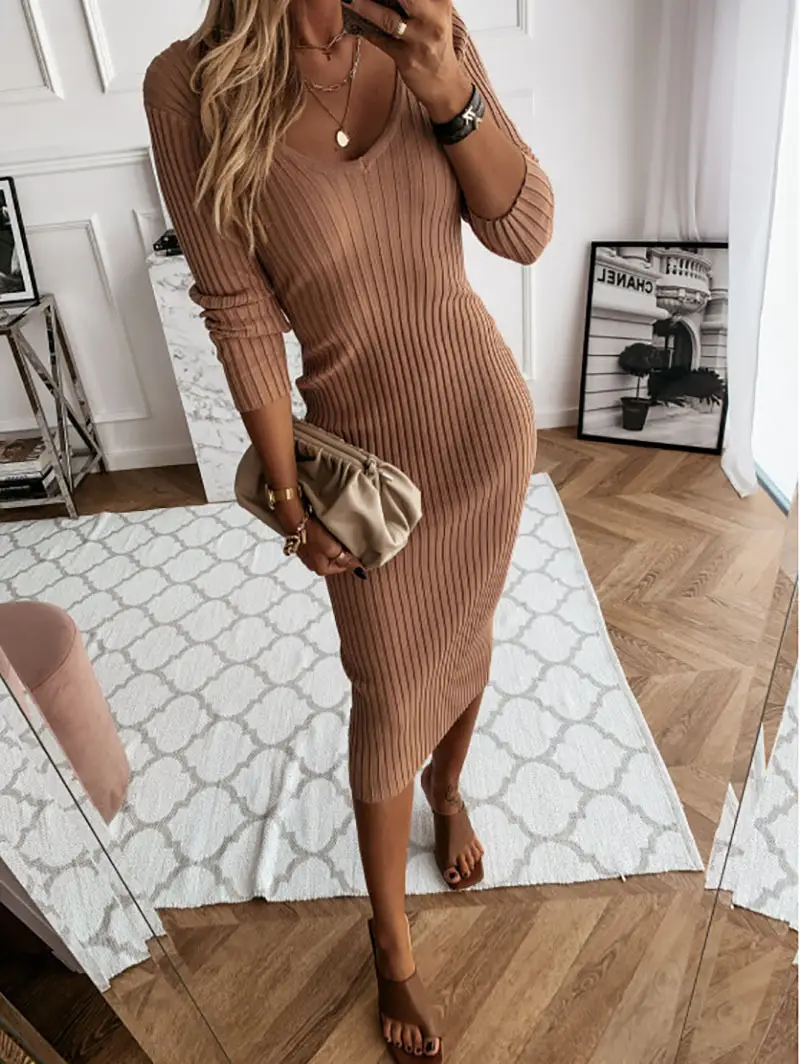 Black Ribbed V-Neck Long Sleeve Dress - Image 3