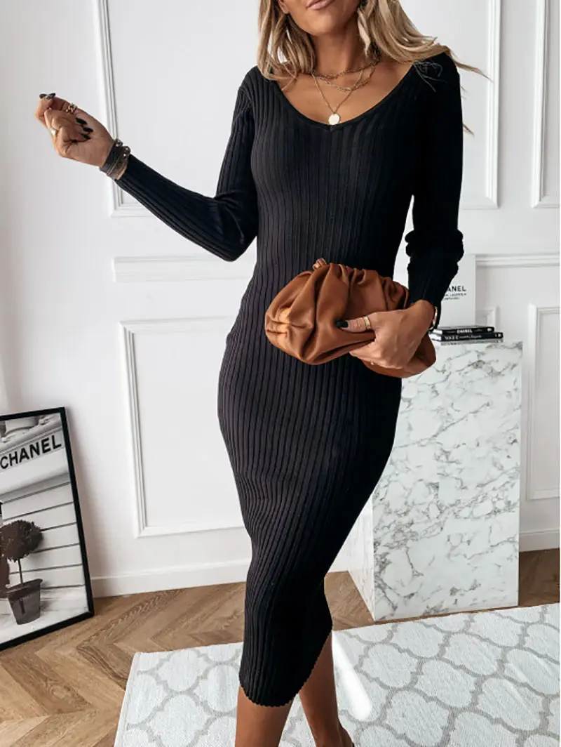 Black Ribbed V-Neck Long Sleeve Dress - Image 2