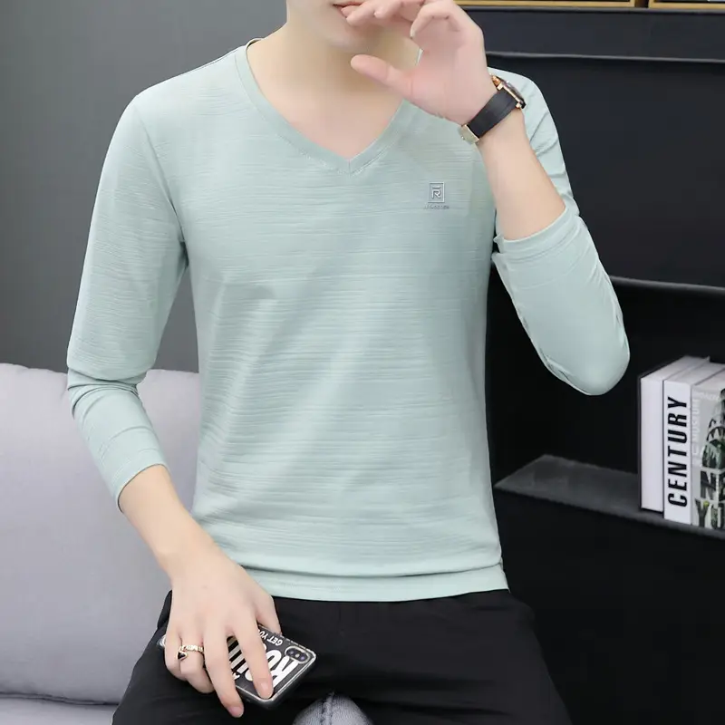Men's 2020 V-Neck Long Sleeve White T-Shirt - Image 6