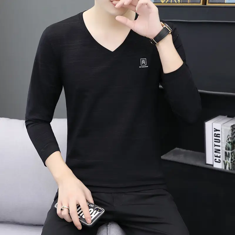 Men's 2020 V-Neck Long Sleeve White T-Shirt - Image 7