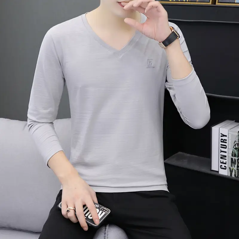Men's 2020 V-Neck Long Sleeve White T-Shirt - Image 8