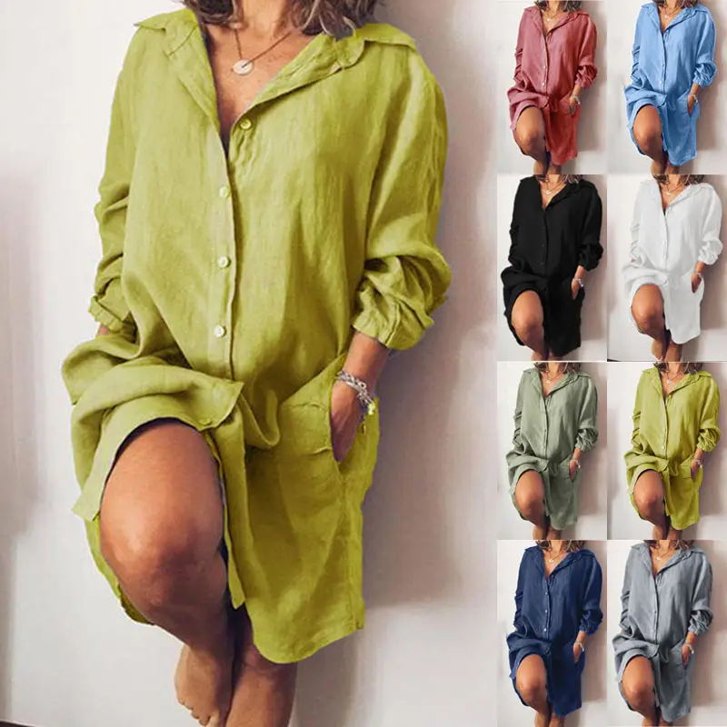 Women Linen Shirt Mid Length Olive Green Long Sleeve - Image 2