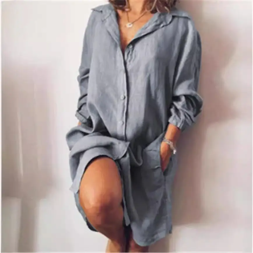 Women Linen Shirt Mid Length Olive Green Long Sleeve - Image 3