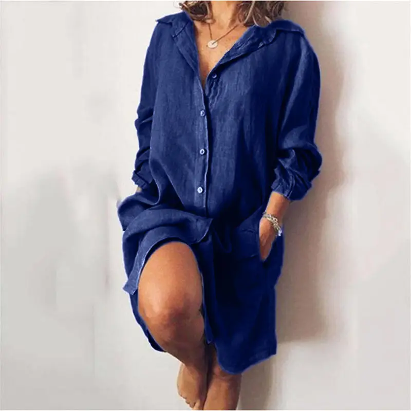 Women Linen Shirt Mid Length Olive Green Long Sleeve - Image 4