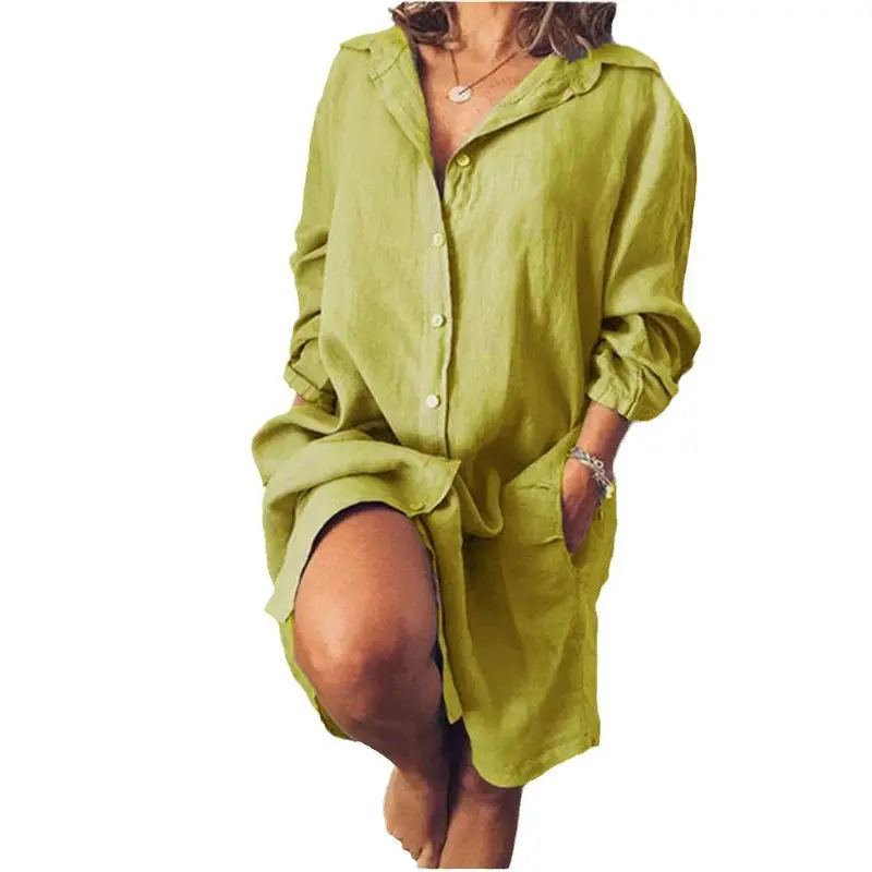 Women Linen Shirt Mid Length Olive Green Long Sleeve - Image 6