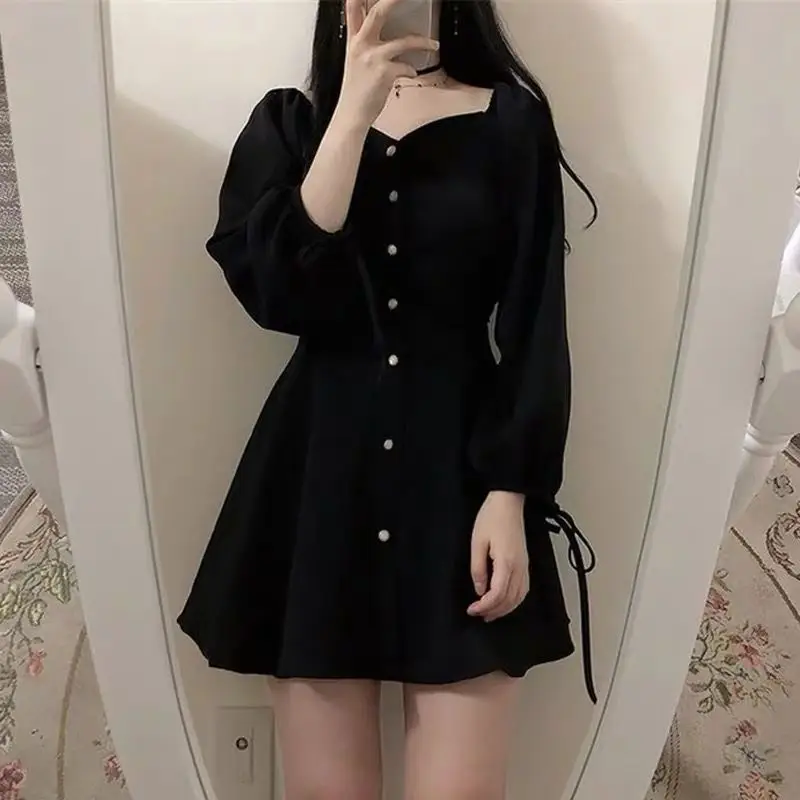 Black Single Breasted Puff Sleeve Dress for Women - Image 3