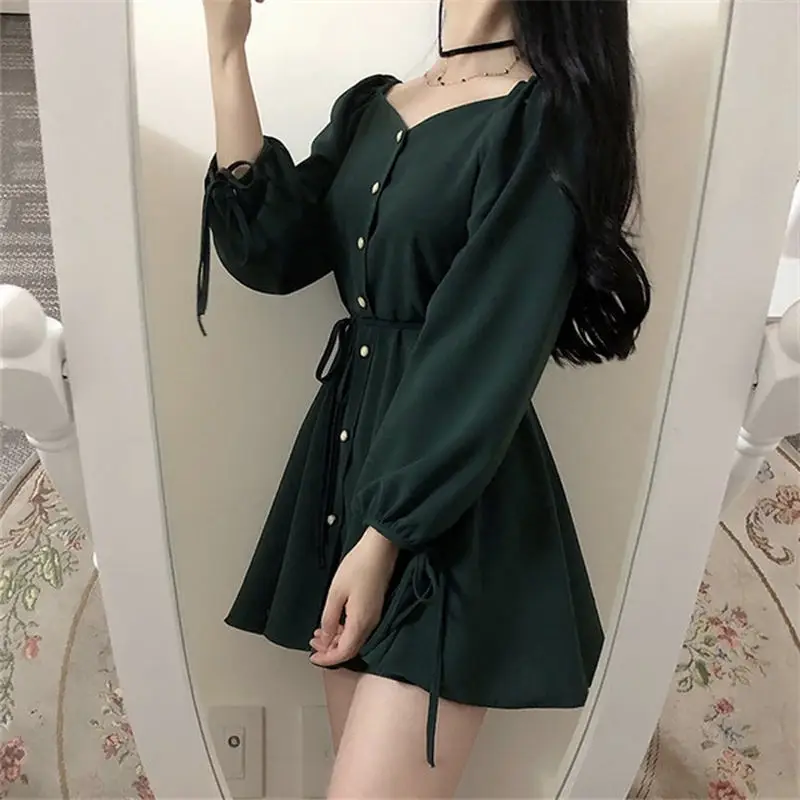 Black Single Breasted Puff Sleeve Dress for Women - Image 4