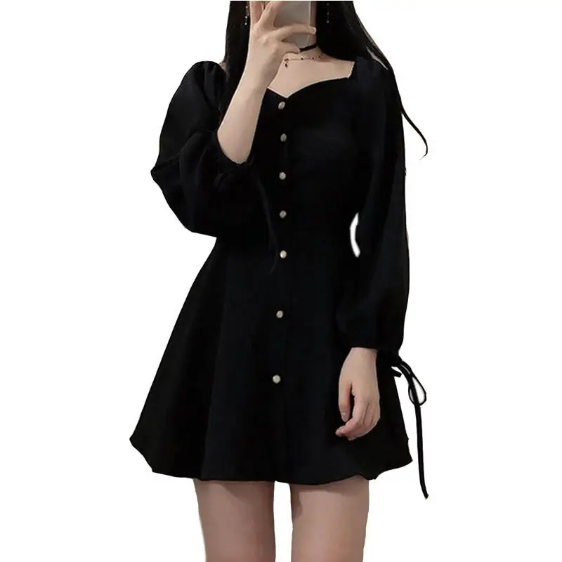 Black Single Breasted Puff Sleeve Dress for Women - Image 5