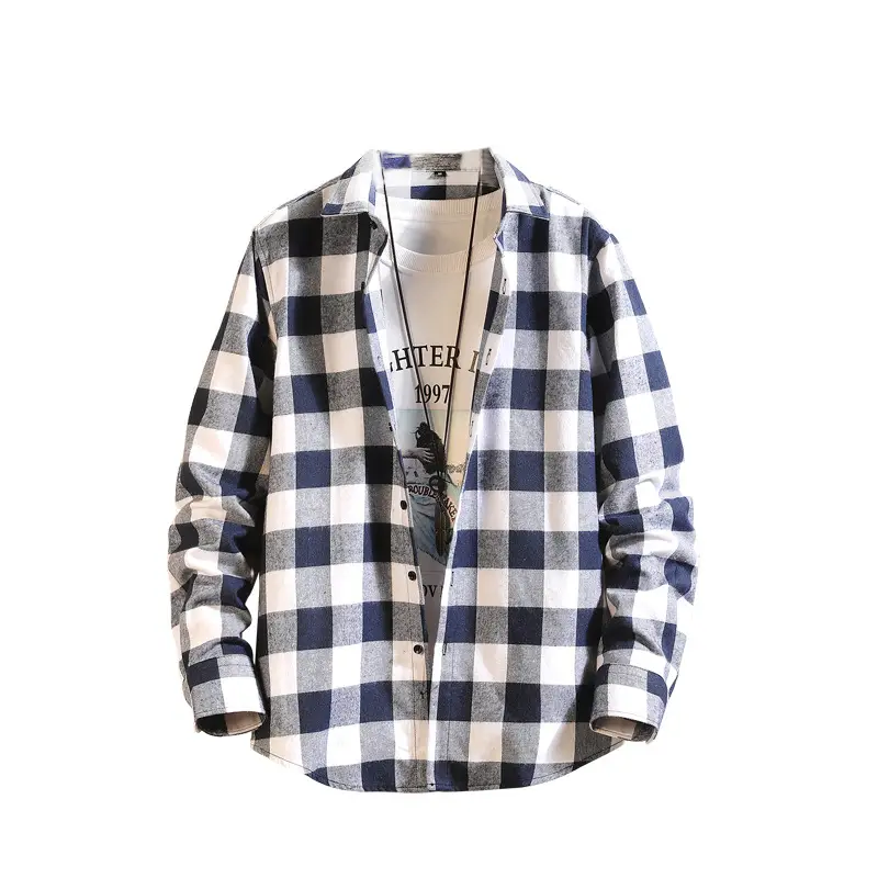 Men's Blue Plaid Long Sleeve Jacket with Collar - Image 9