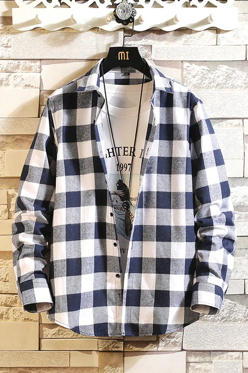 Men's Blue Plaid Long Sleeve Jacket with Collar - Image 10