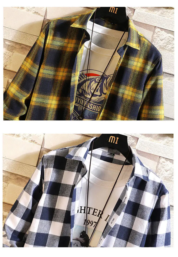 Men's Blue Plaid Long Sleeve Jacket with Collar — feature 15