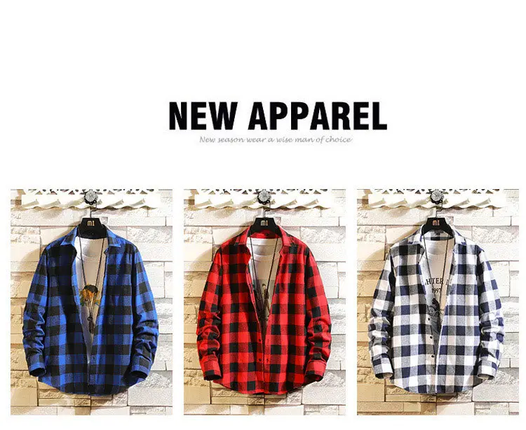 Men's Blue Plaid Long Sleeve Jacket with Collar — feature 6