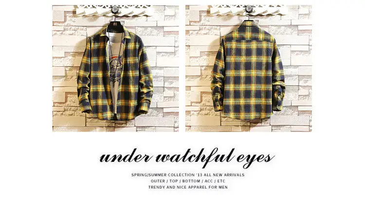 Men's Blue Plaid Long Sleeve Jacket with Collar — feature 7