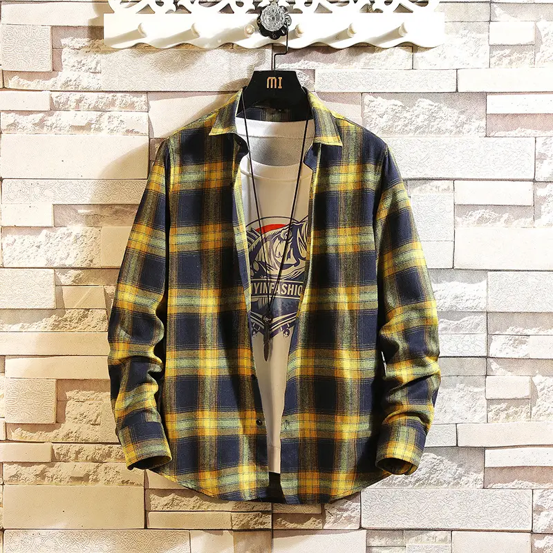 Men's Blue Plaid Long Sleeve Jacket with Collar - Image 3
