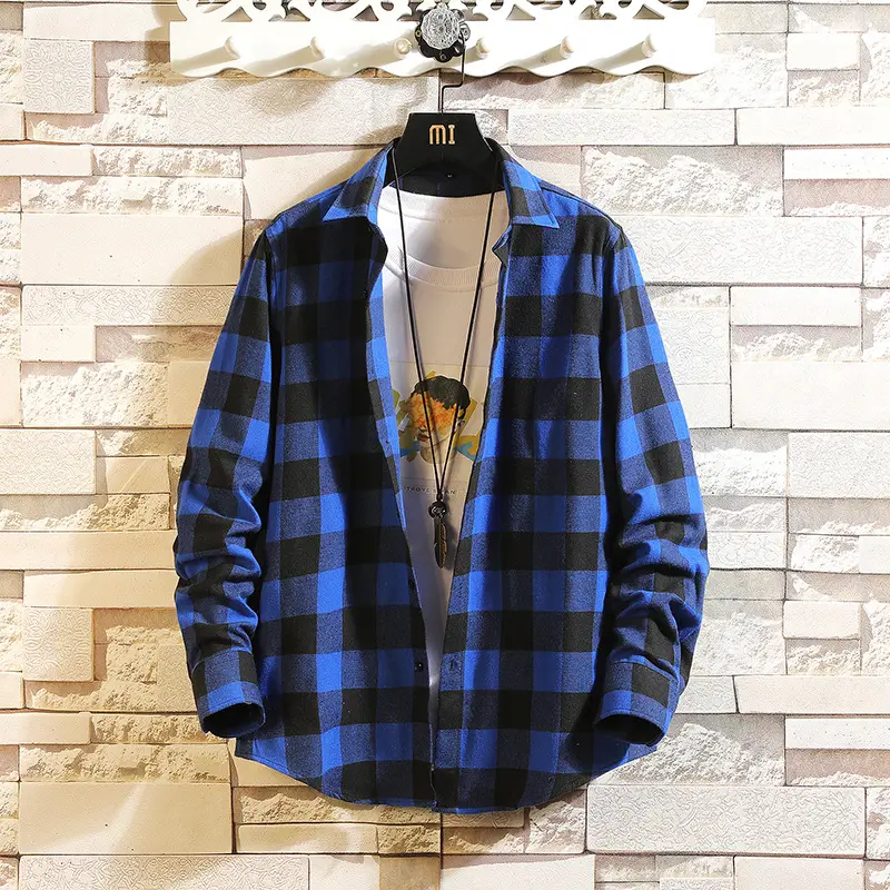 Men's Blue Plaid Long Sleeve Jacket with Collar - Image 4