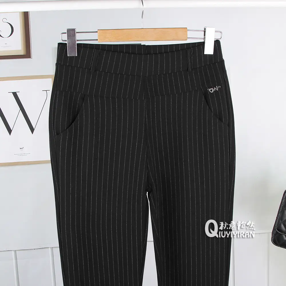 Women Striped Long Casual Pants Black Middle Age Elderly