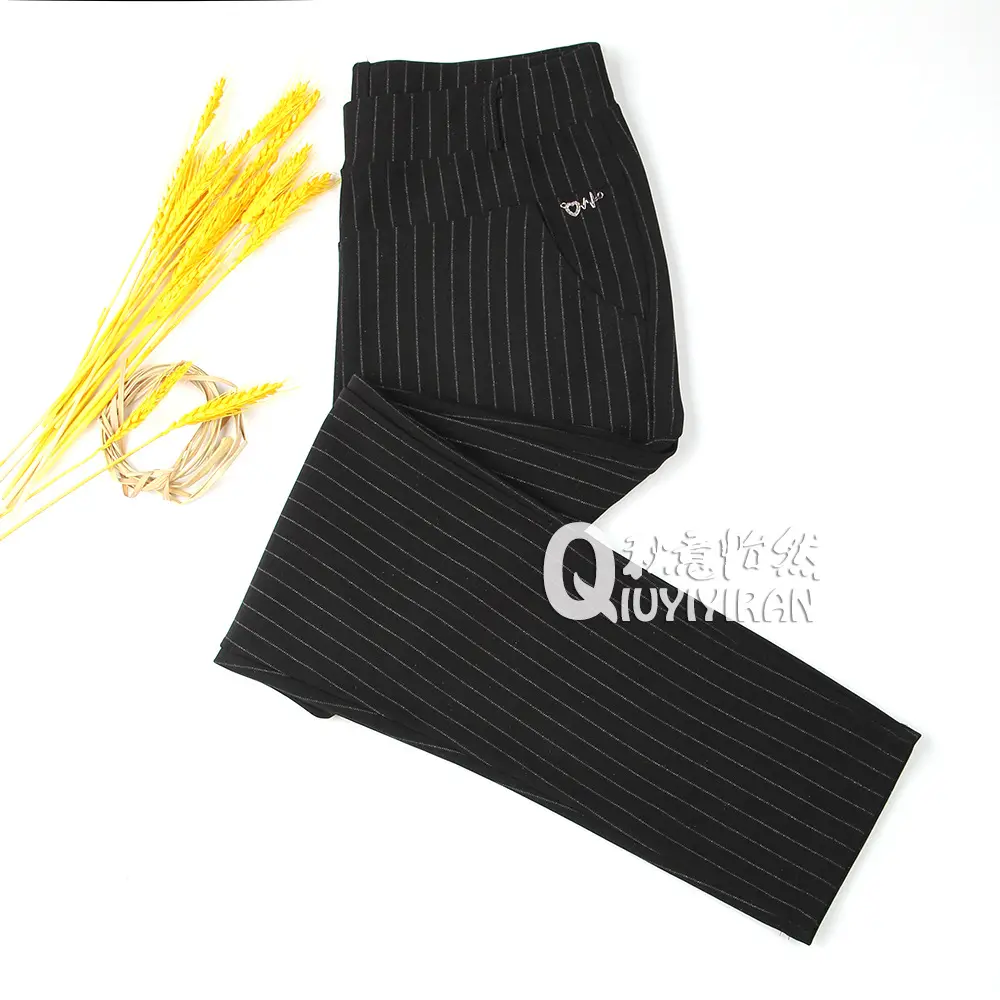 Women Striped Long Casual Pants Black Middle Age Elderly