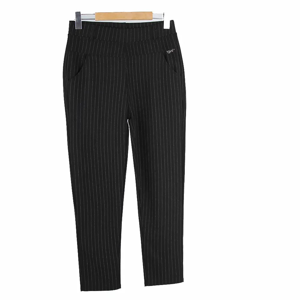Women Striped Long Casual Pants Black Middle Age Elderly