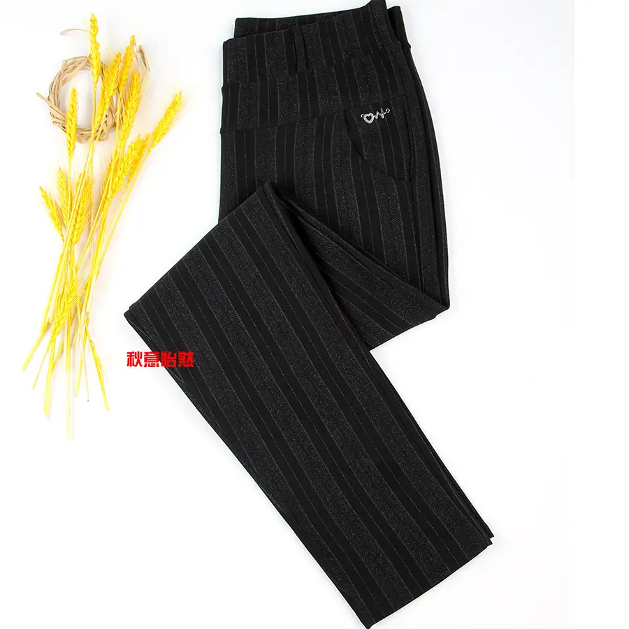 Women Striped Long Casual Pants Black Middle Age Elderly