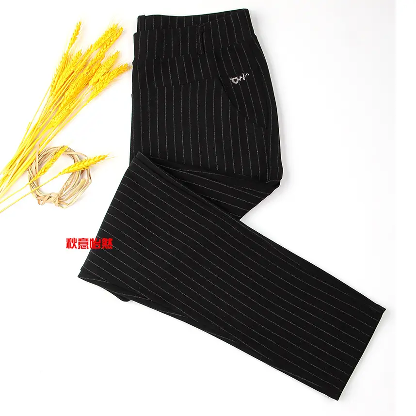 Women Striped Long Casual Pants Black Middle Age Elderly