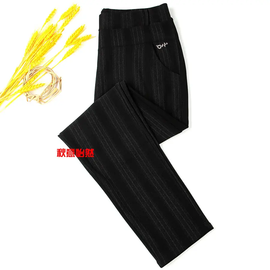 Women Striped Long Casual Pants Black Middle Age Elderly