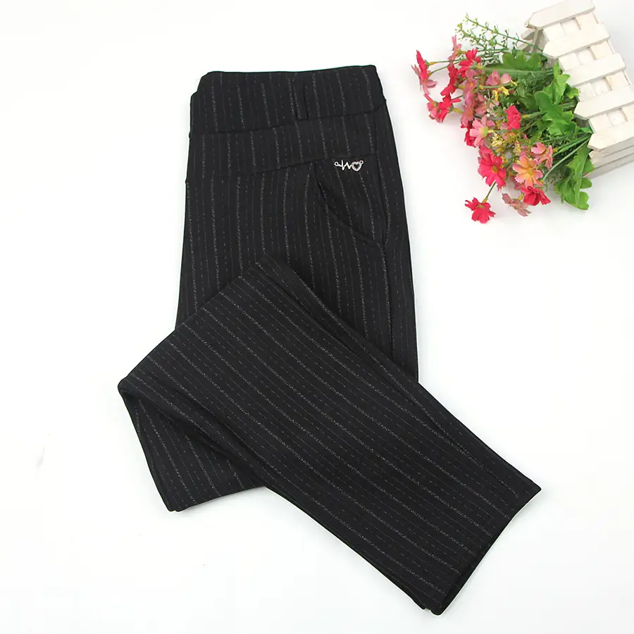 Women Striped Long Casual Pants Black Middle Age Elderly