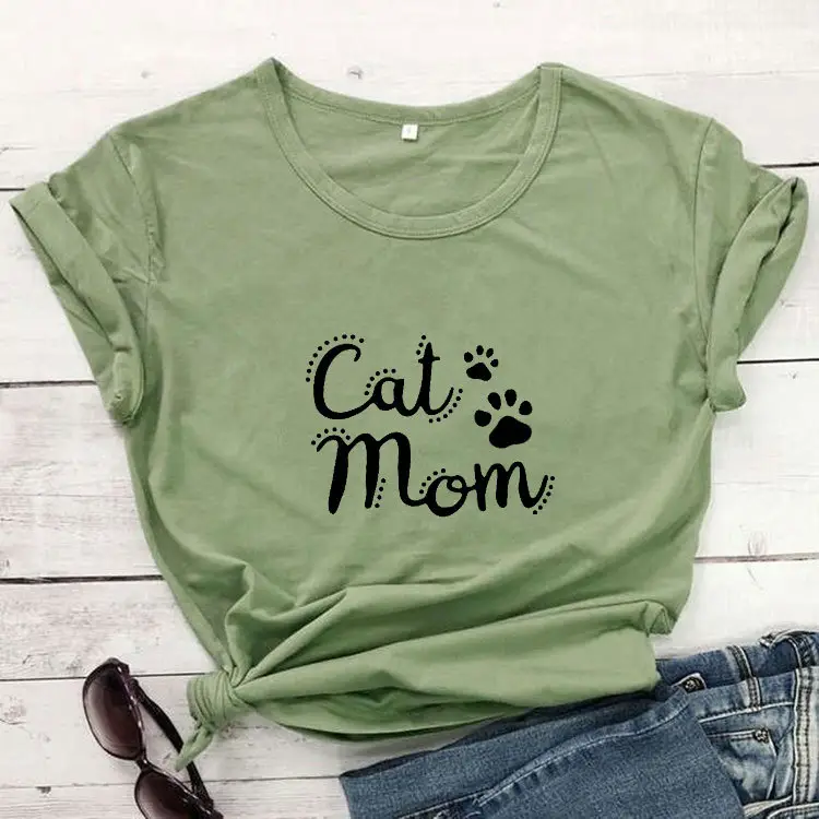 Cat Mom Printed Green T-Shirt Short Sleeve - Image 4