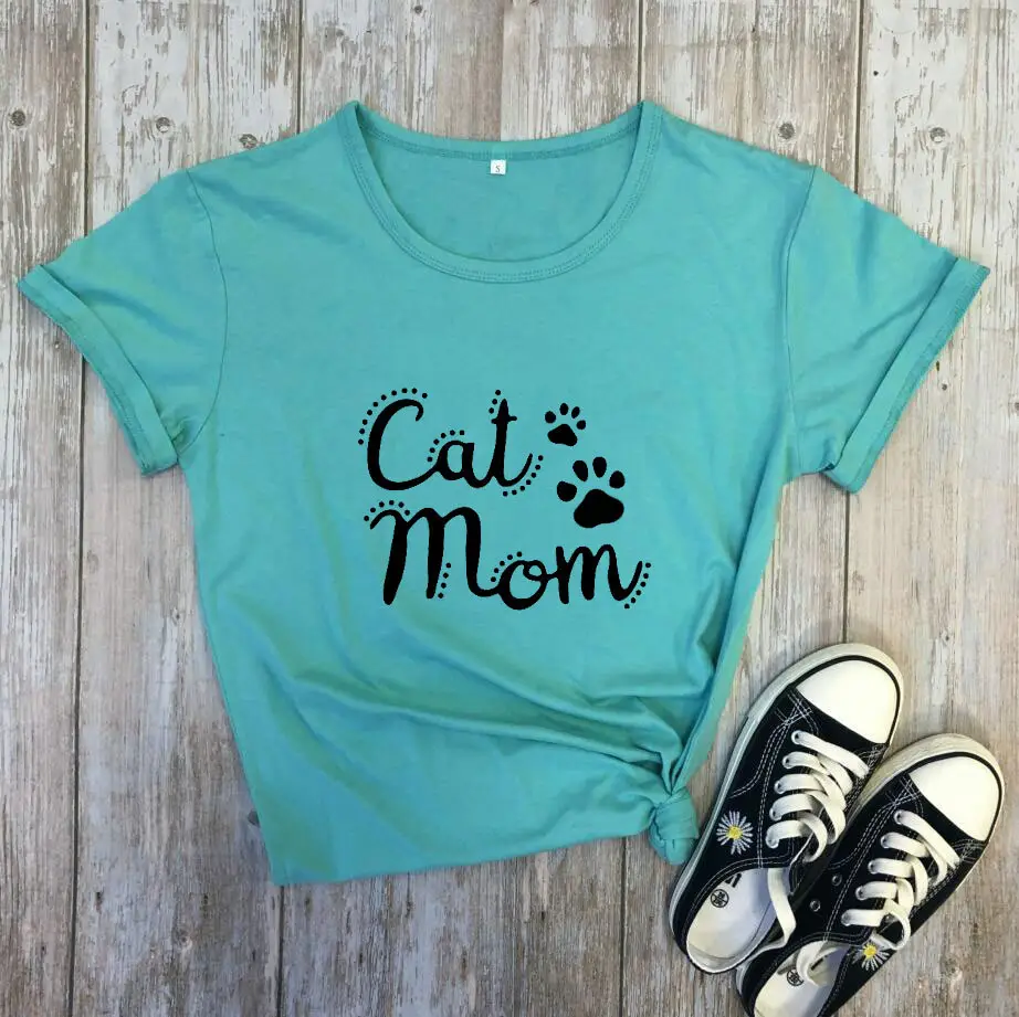 Cat Mom Printed Green T-Shirt Short Sleeve - Image 6