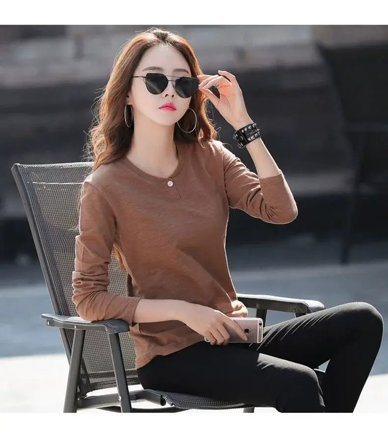 Women's Long Sleeve T-Shirt Brown Slim Fit Winter — feature 16