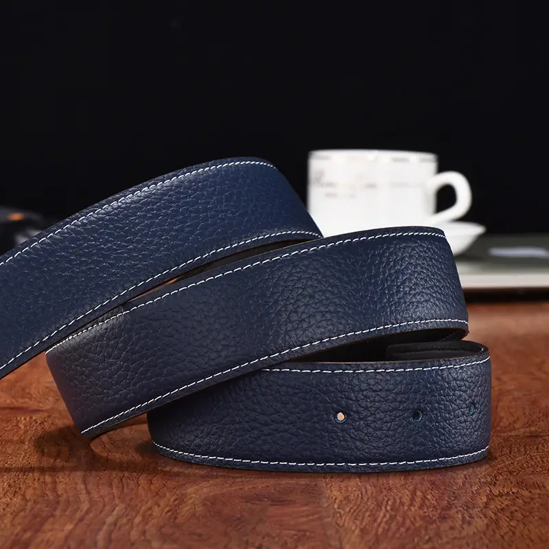 Men's Navy Leather Belt with Smooth Buckle