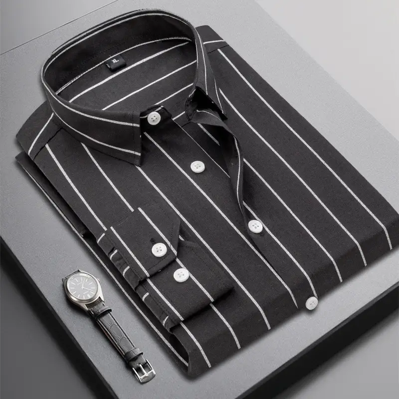 Men Black Striped Long Sleeve Shirt Spring Autumn - Image 2