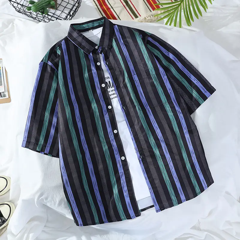 Japanese Style Striped Short Sleeve Shirt Unisex Casual - Image 24