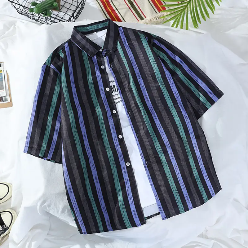 Japanese Style Striped Short Sleeve Shirt Unisex Casual - Image 5