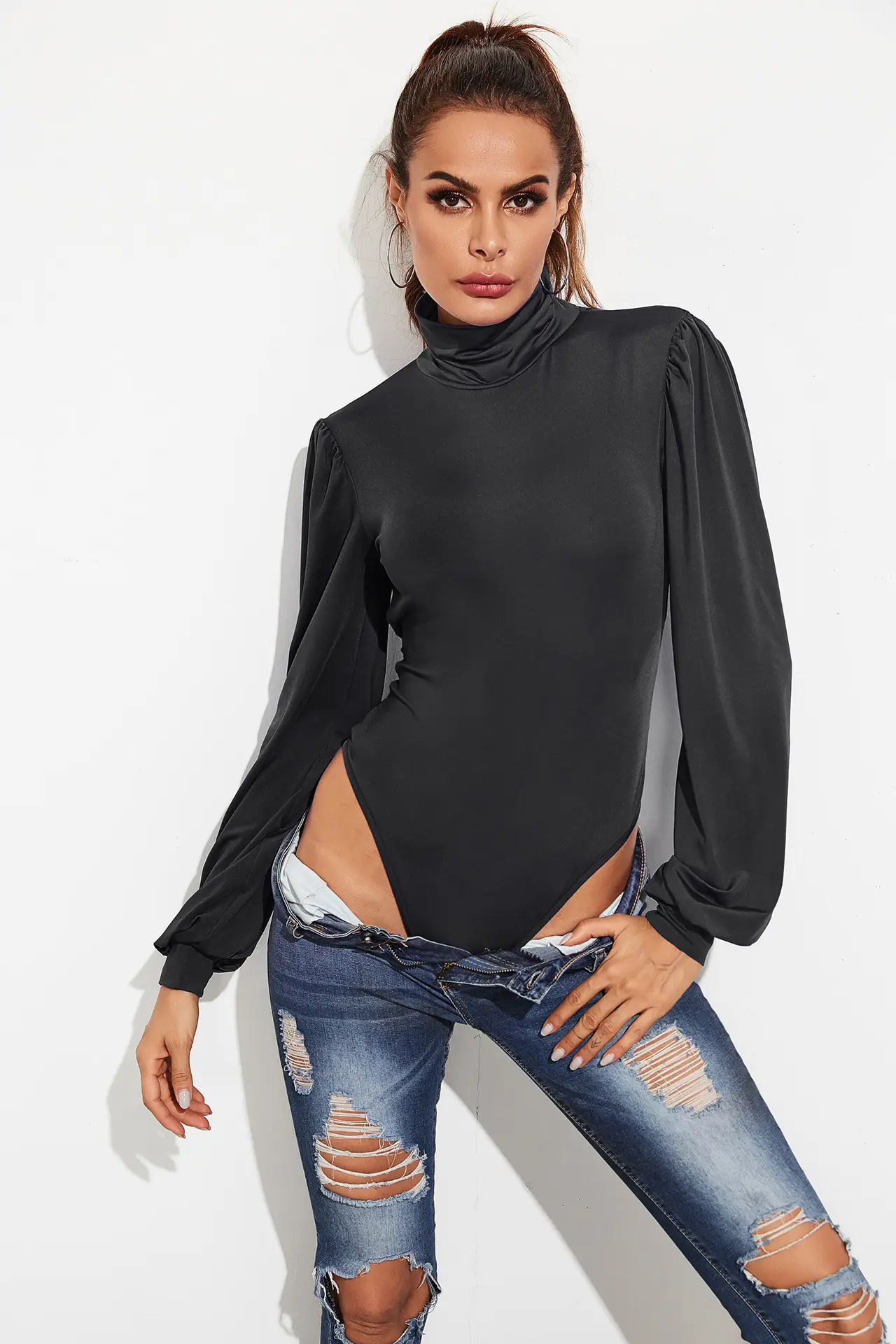 Women's Black Strapless Turtleneck Long Sleeve Jumpsuit - Image 2