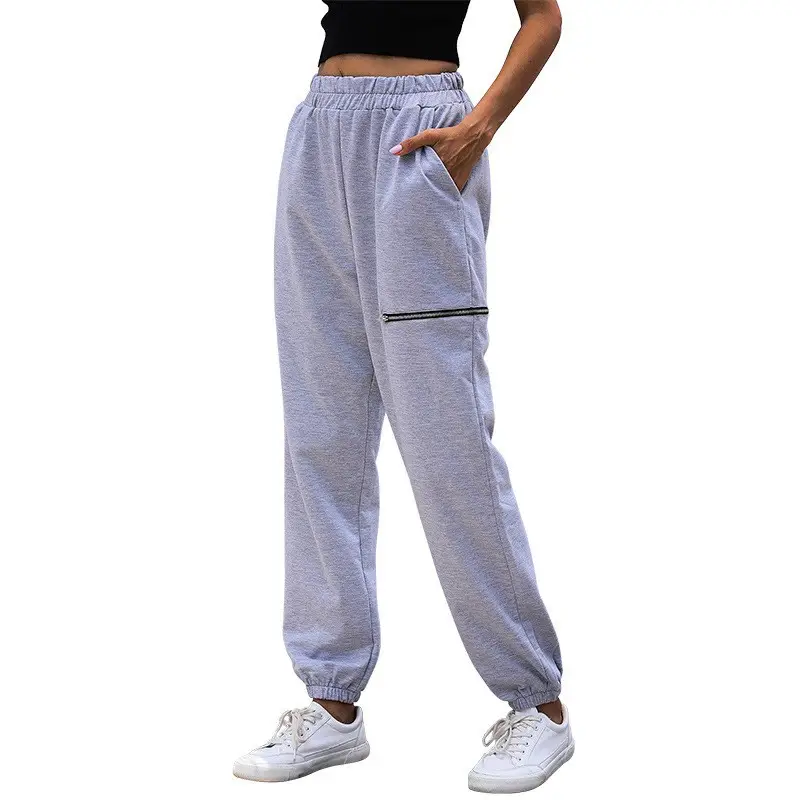 Women Grey Zipper Casual Pants High Waist Sports