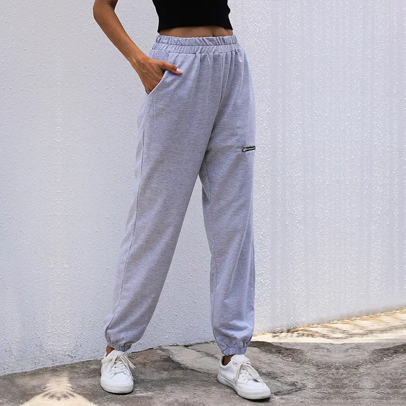 Women Grey Zipper Casual Pants High Waist Sports