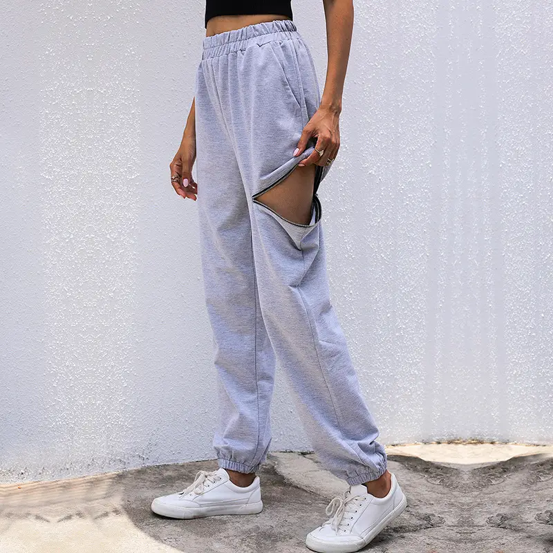 Women Grey Zipper Casual Pants High Waist Sports