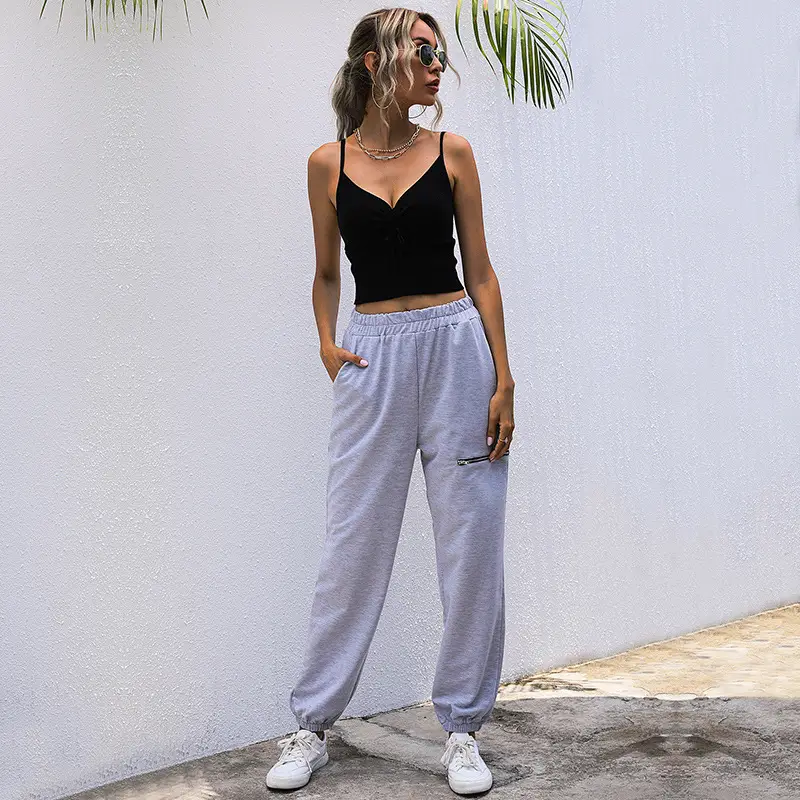 Women Grey Zipper Casual Pants High Waist Sports