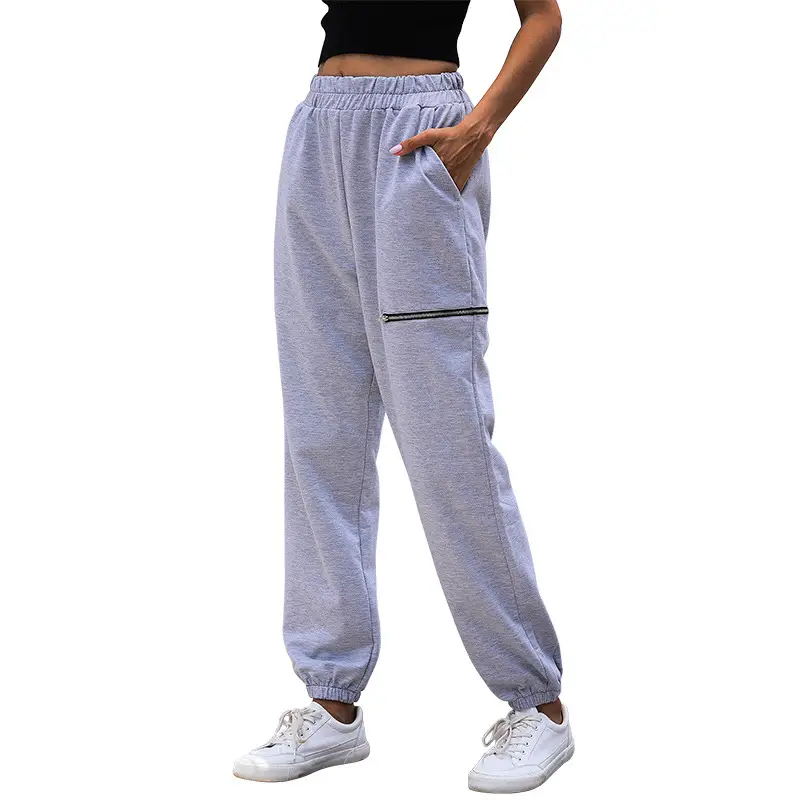Women Grey Zipper Casual Pants High Waist Sports