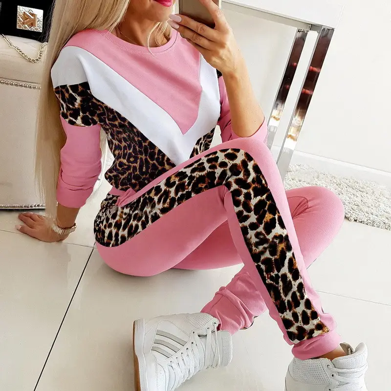 Pink Leopard Print V-Neck Sweatshirt Track Suit for Women - Image 5