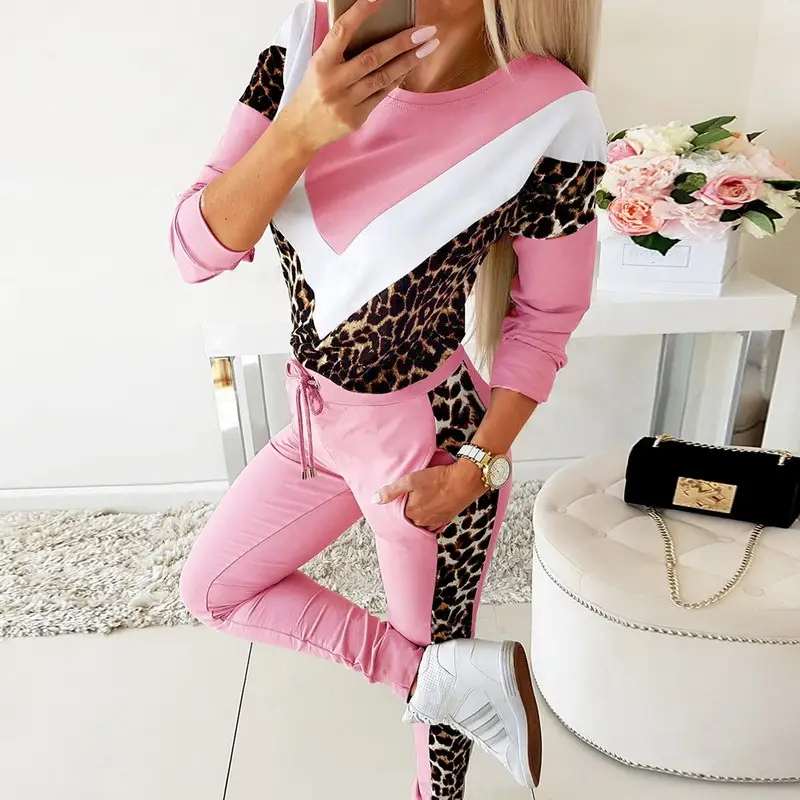 Pink Leopard Print V-Neck Sweatshirt Track Suit for Women - Image 6