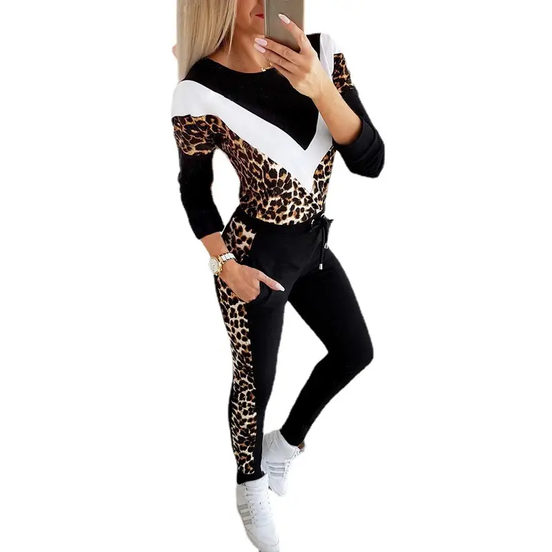 Pink Leopard Print V-Neck Sweatshirt Track Suit for Women - Image 8