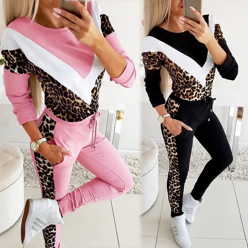Pink Leopard Print V-Neck Sweatshirt Track Suit for Women — feature 3